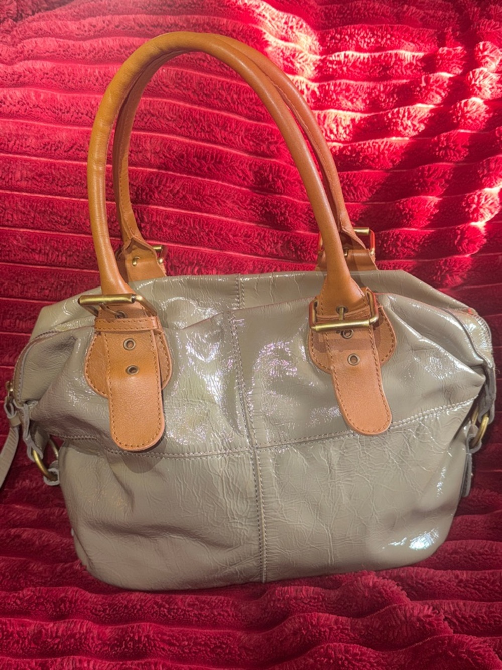Boden Green Patent Satchel with Tan Leather Handles